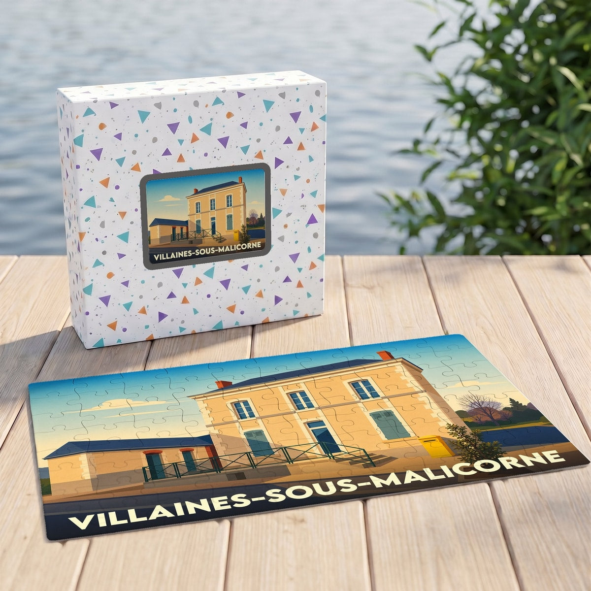 Puzzle souvenir de la ville de Villaines-sous-Malicorne avec une illustration stylisée d'un bâtiment historique.