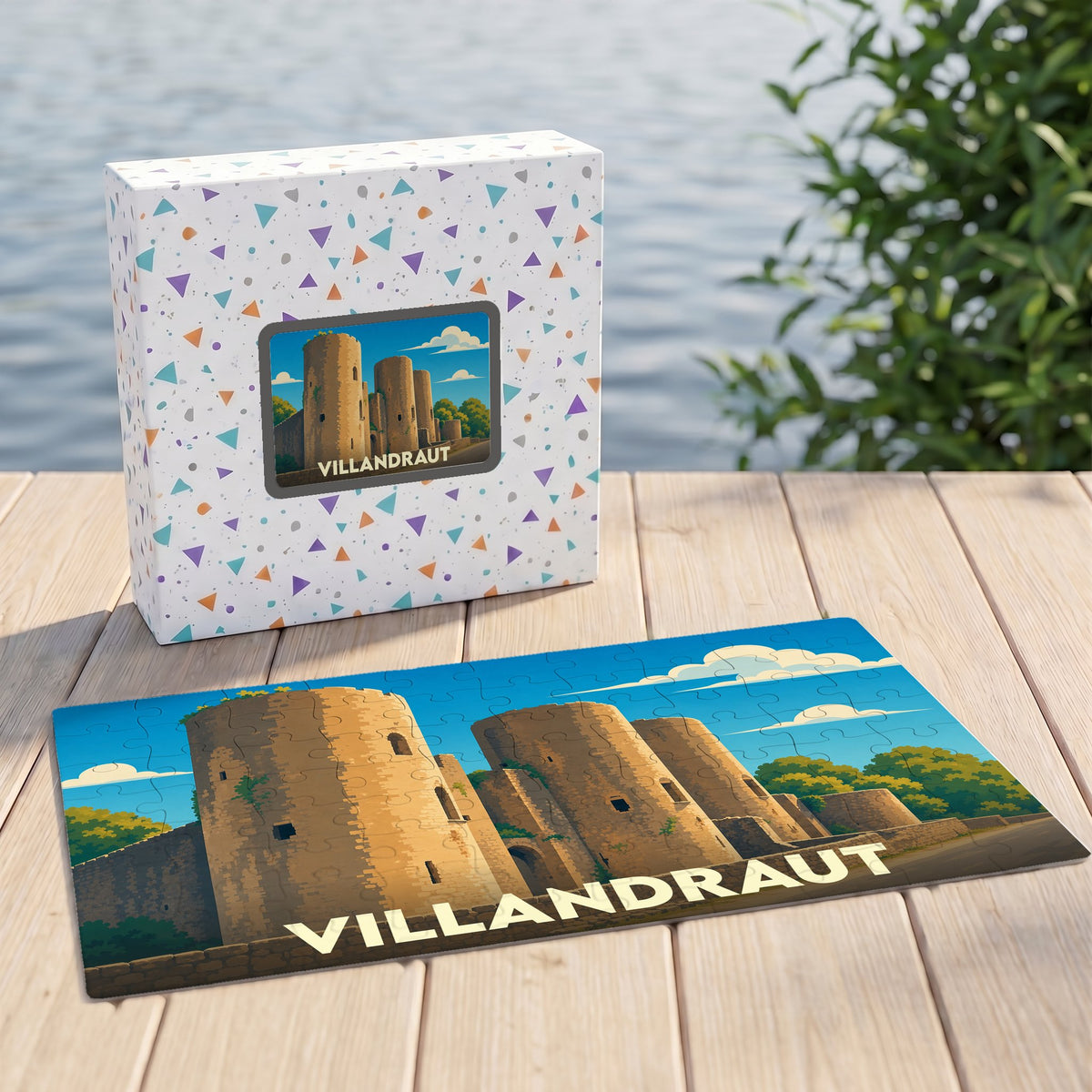 Puzzle souvenir de la ville de Villandraut avec une illustration stylisée de son château médiéval.