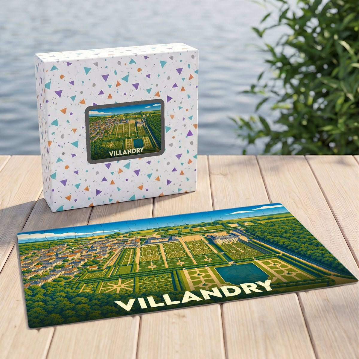 Puzzle souvenir de la ville de Villandry avec une illustration stylisée de ses jardins.