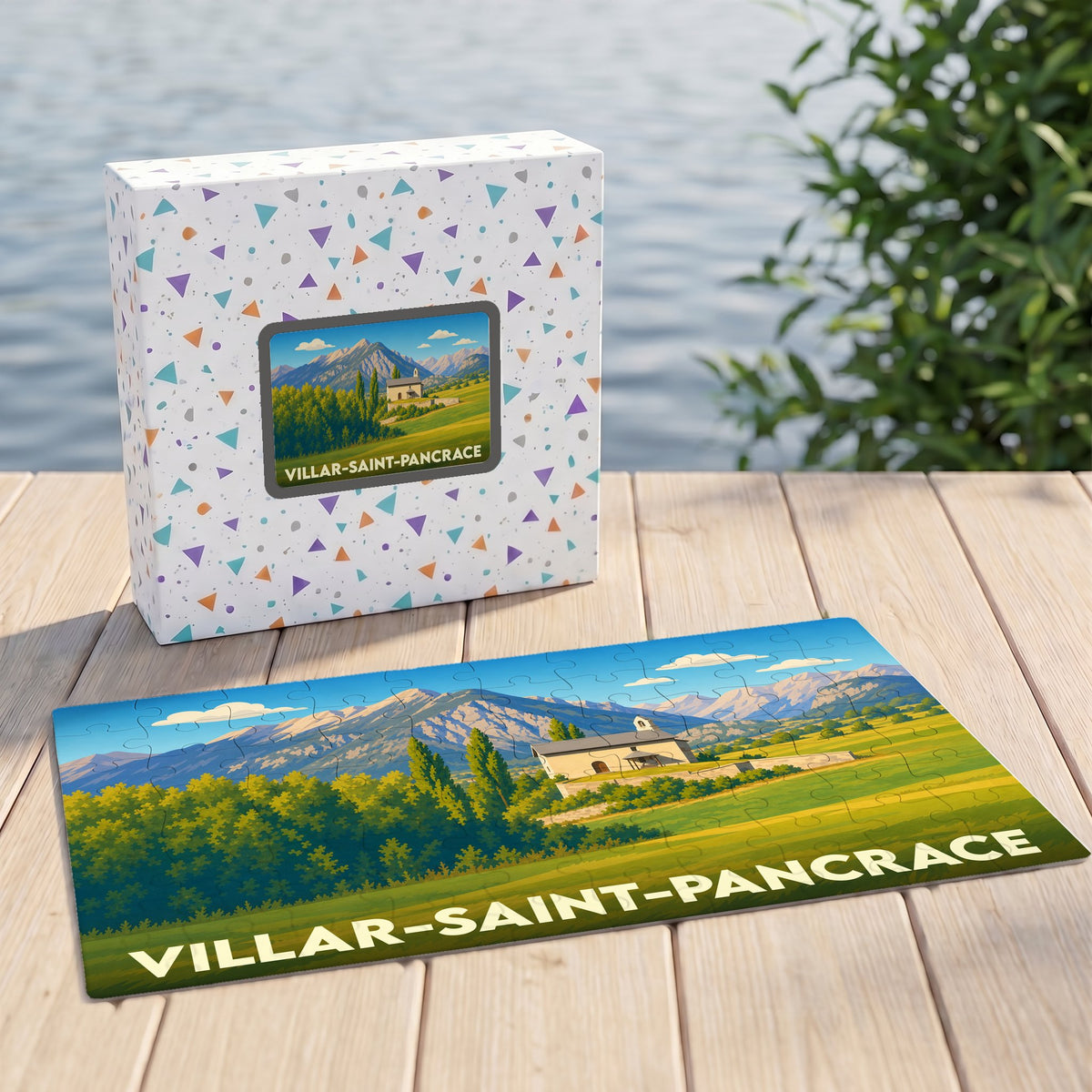 Puzzle souvenir de la ville de Villar-Saint-Pancrace illustré d'un paysage de montagne.