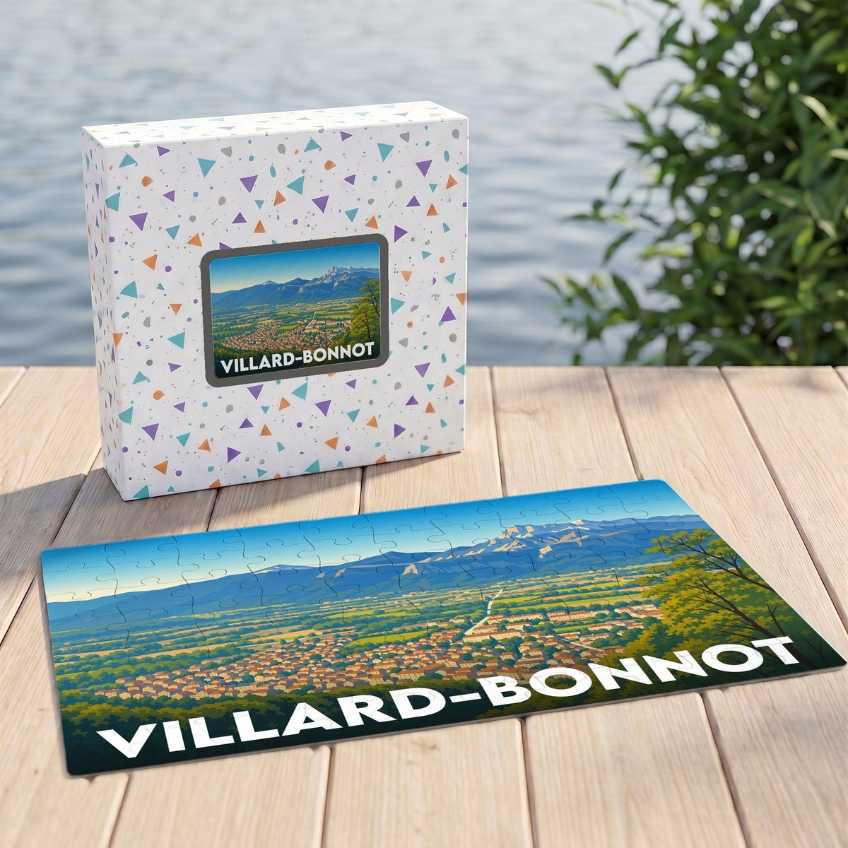 Puzzle souvenir de la ville de Villard-Bonnot avec une illustration panoramique stylisée de la commune et des montagnes.