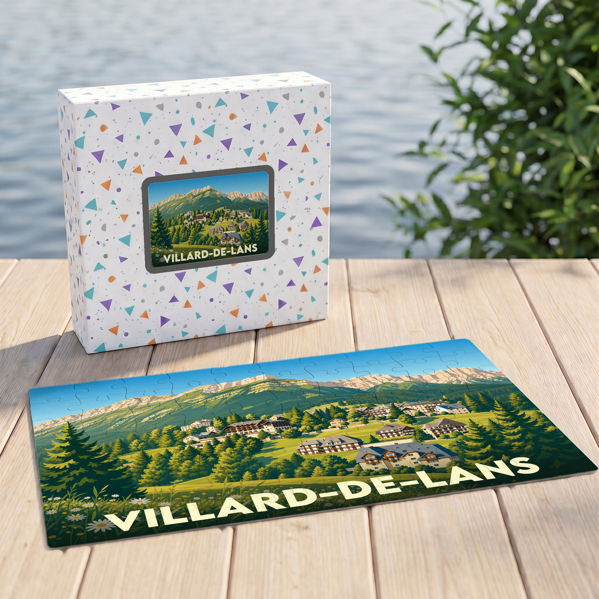 Puzzle souvenir de la ville de Villard-de-Lans avec une illustration stylisée de paysages montagneux.