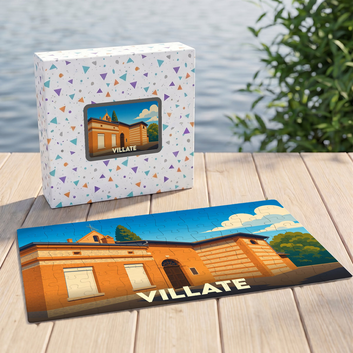 Puzzle souvenir de la ville de Villate avec une illustration stylisée d'un bâtiment emblématique.