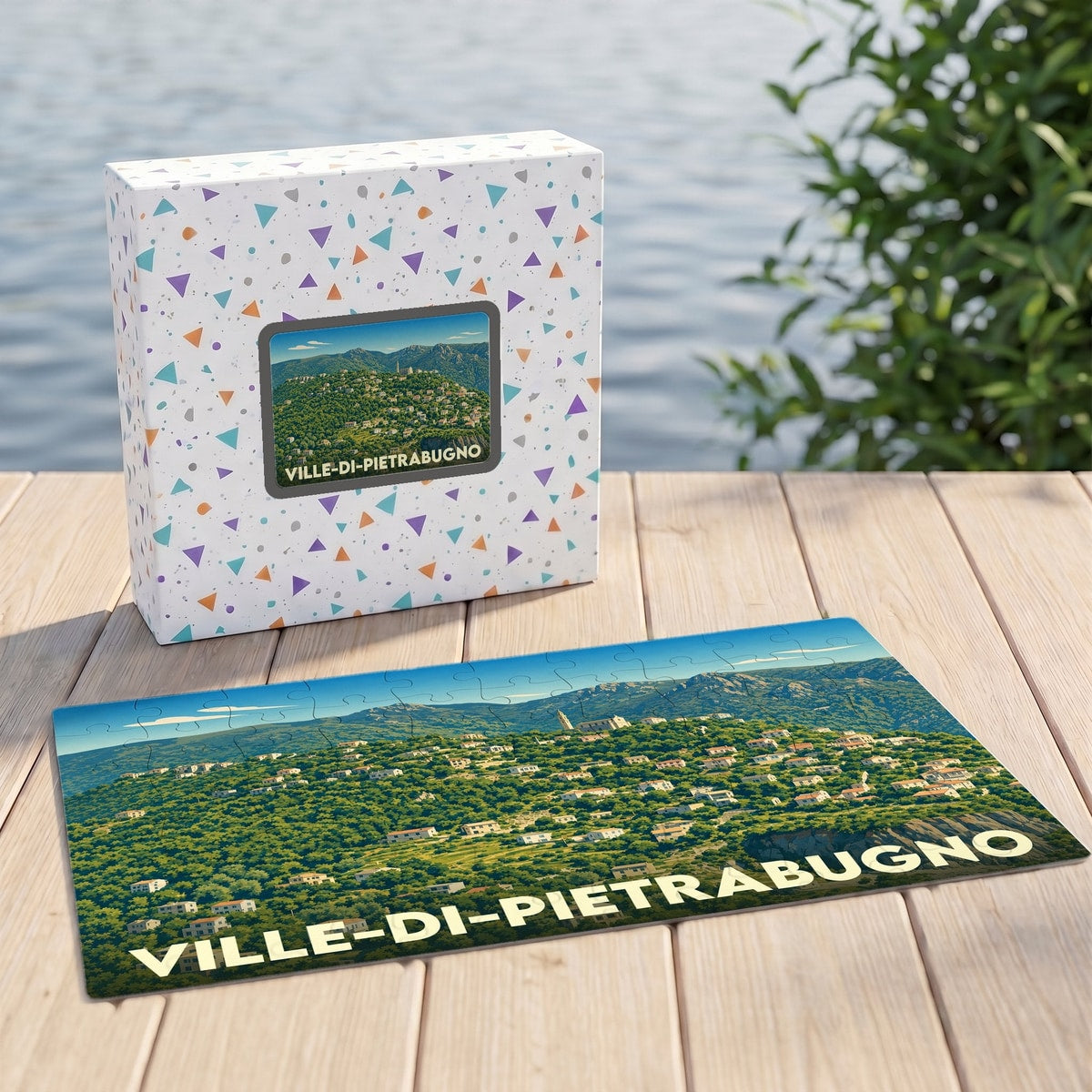 Puzzle souvenir de la ville de Ville-di-Pietrabugno présentant une vue panoramique illustrée de la commune.