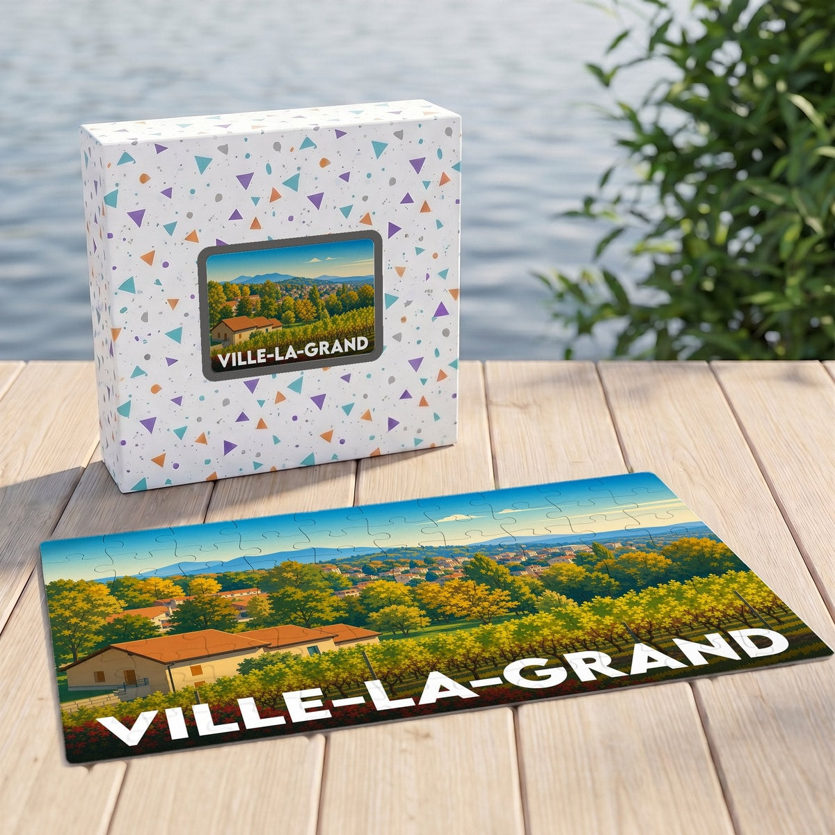 Puzzle souvenir de la ville de Ville-la-Grand avec une illustration panoramique et colorée.