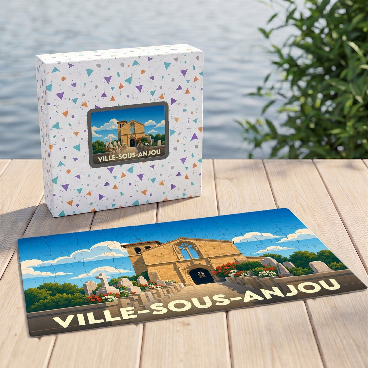 Puzzle souvenir de Ville-sous-Anjou présentant une illustration stylisée de son église et de son cimetière.