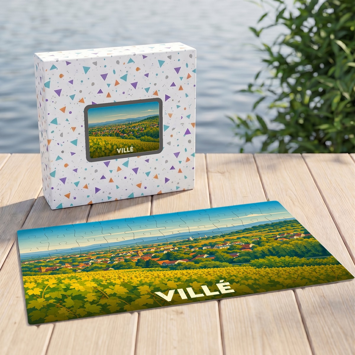 Puzzle souvenir de la ville de Villé avec une illustration stylisée d'un paysage de vignobles.
