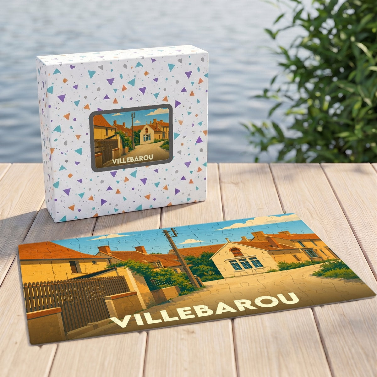 Puzzle souvenir de la ville de Villebarou avec une illustration stylisée.