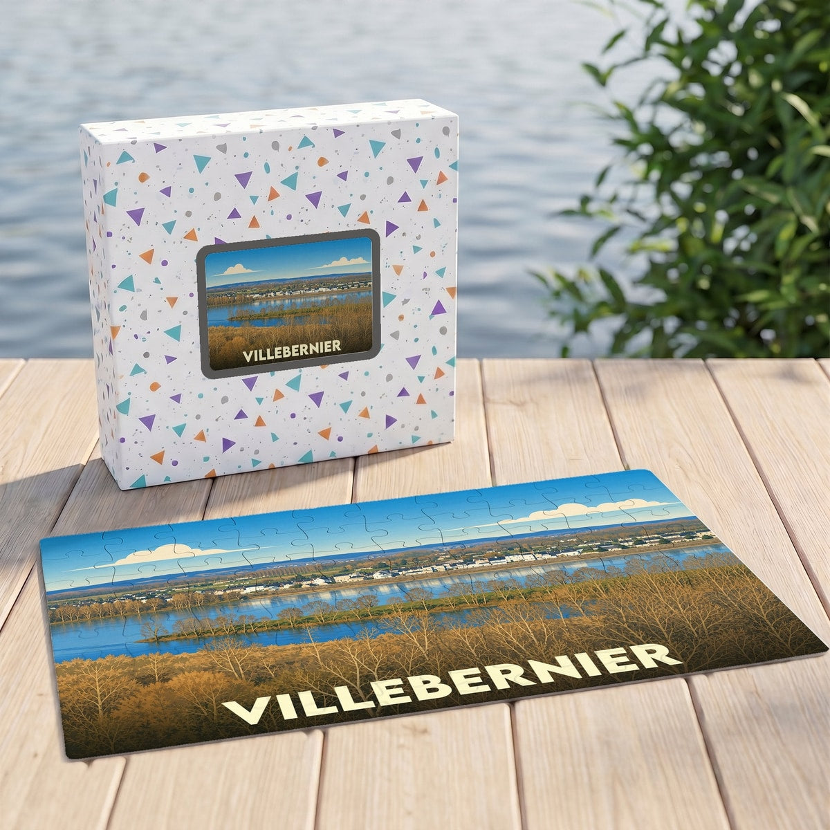 Puzzle souvenir de la ville de Villebernier avec une illustration panoramique stylisée des bords de Loire.
