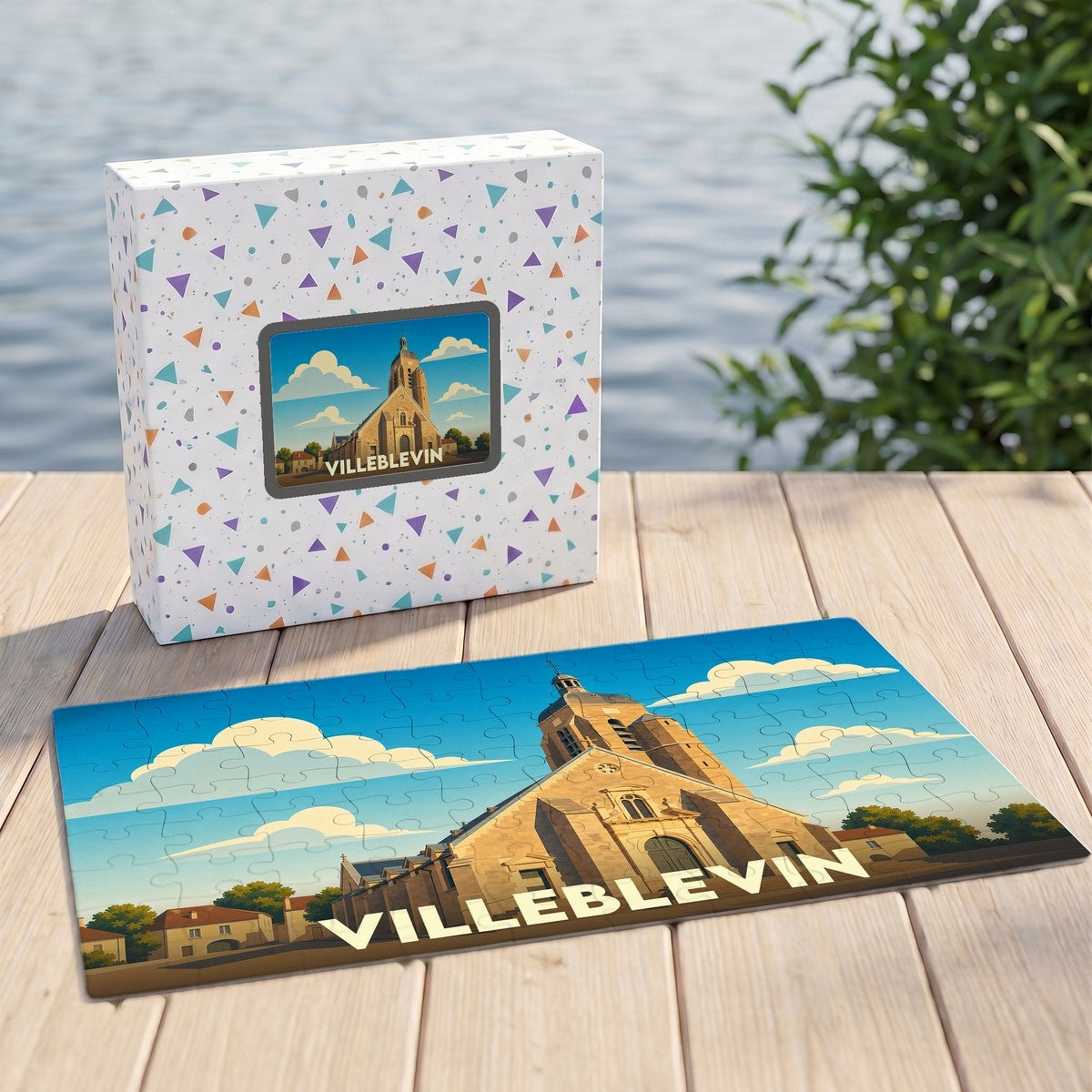 Puzzle souvenir de la ville de Villeblevin avec une illustration stylisée d'une église sous un ciel nuageux.