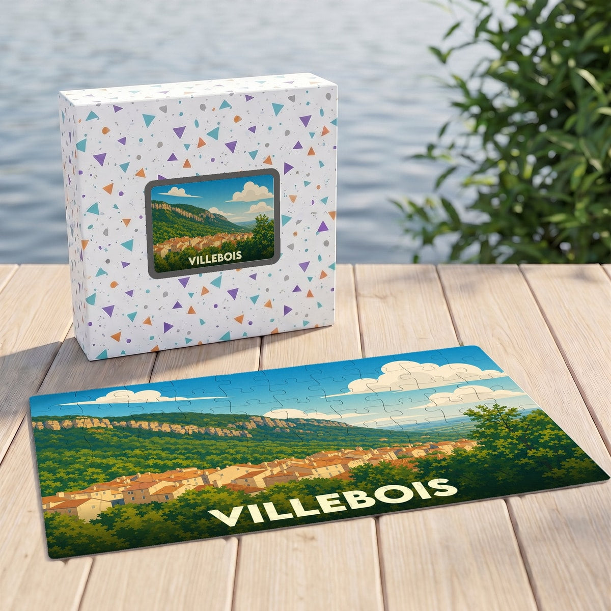 Puzzle souvenir de la ville de Villebois représentant un paysage illustré avec sa boîte assortie.