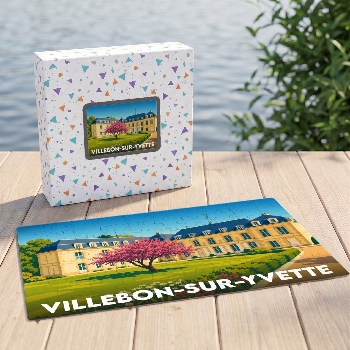 Puzzle souvenir de la ville de Villebon-sur-Yvette avec une illustration stylisée d'un château et de son parc.