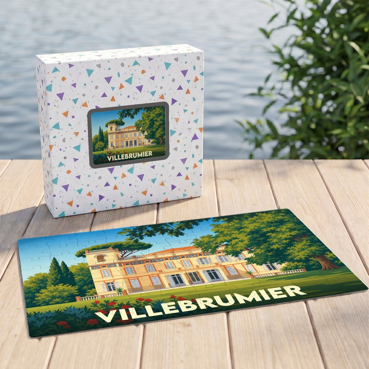 Puzzle souvenir de la ville de Villebrumier représentant une illustration stylisée de son château.