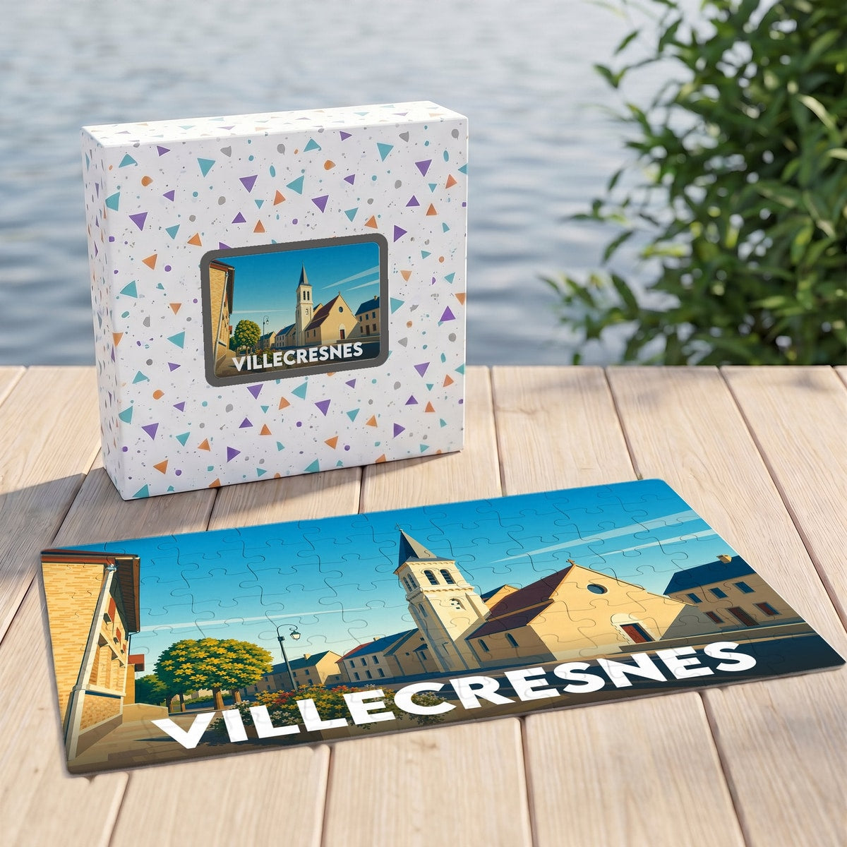 Puzzle souvenir de la ville de Villecresnes avec une illustration stylisée de son église.