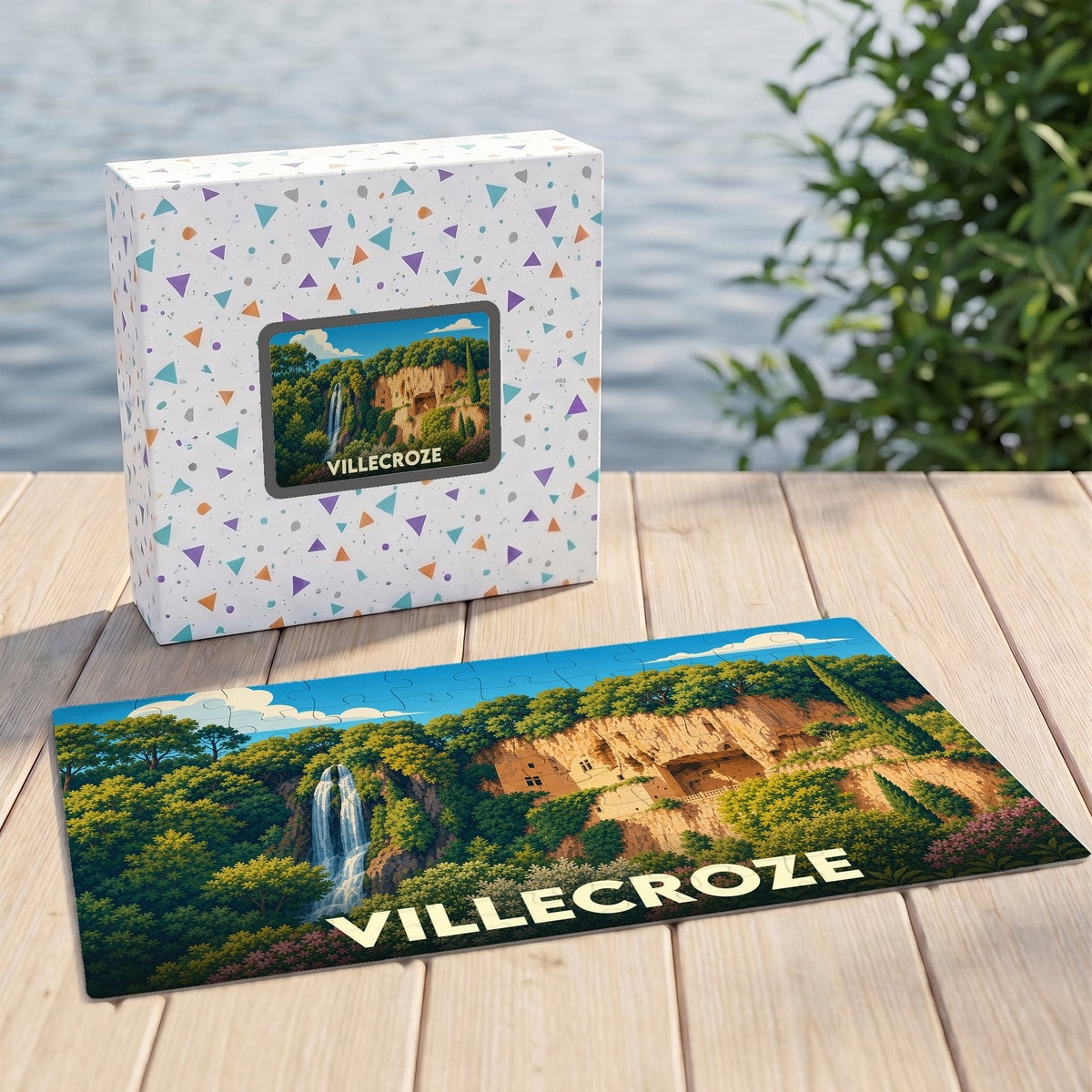 Puzzle souvenir de la ville de Villecroze avec une illustration stylisée représentant sa cascade et ses grottes.
