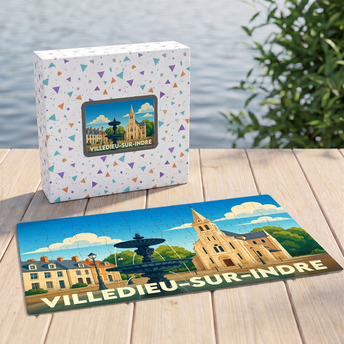 Puzzle souvenir de la ville de Villedieu-sur-Indre avec une illustration stylisée d'une fontaine et de l'église.