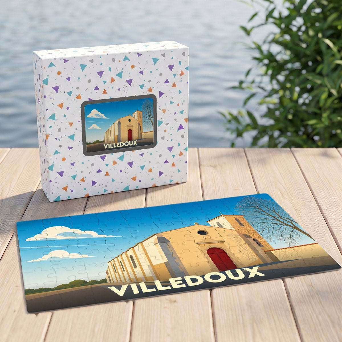 Puzzle souvenir de la ville de Villedoux avec une illustration stylisée d'une église sous un ciel bleu.
