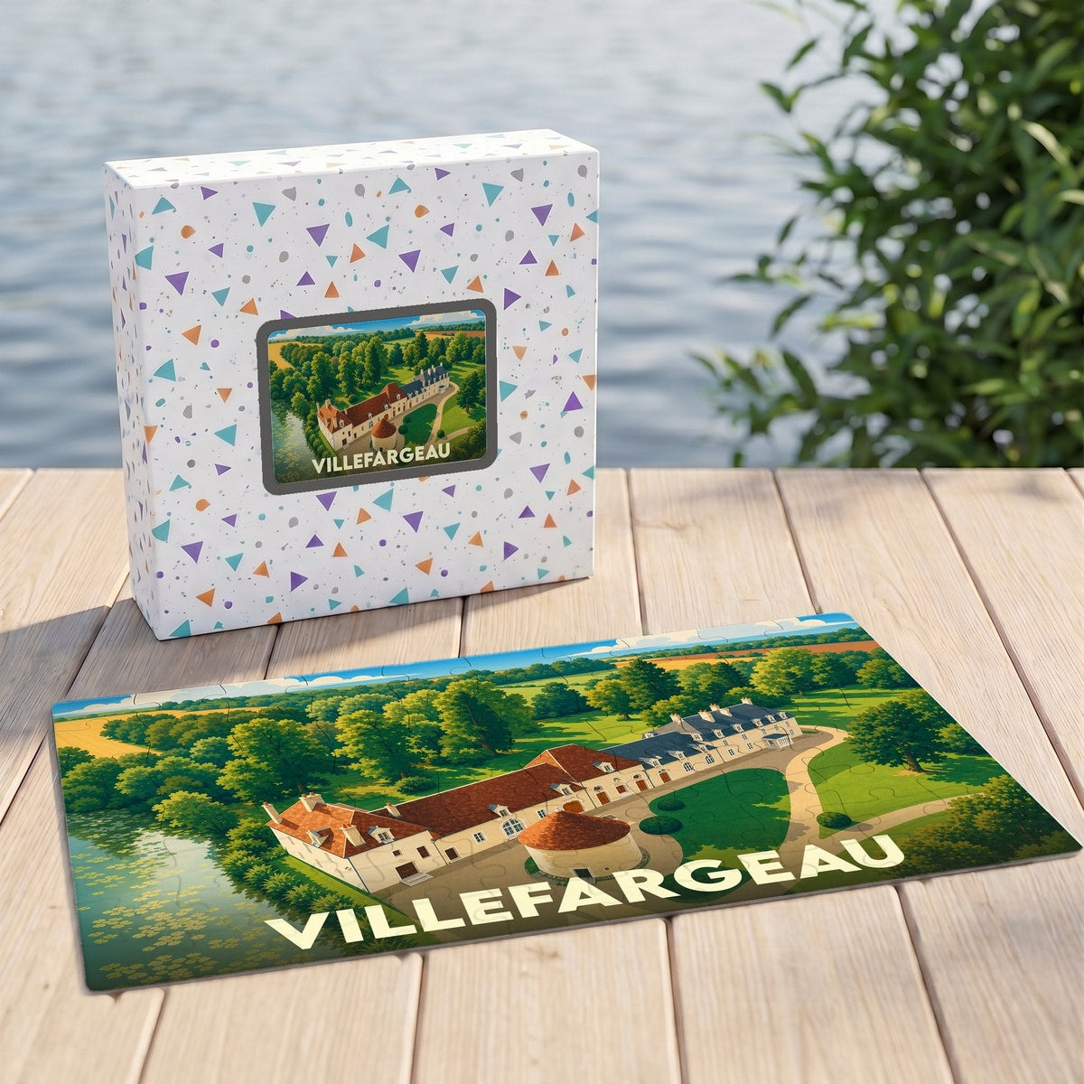 Puzzle souvenir de la commune de Villefargeau illustré par une vue aérienne stylisée de son château.