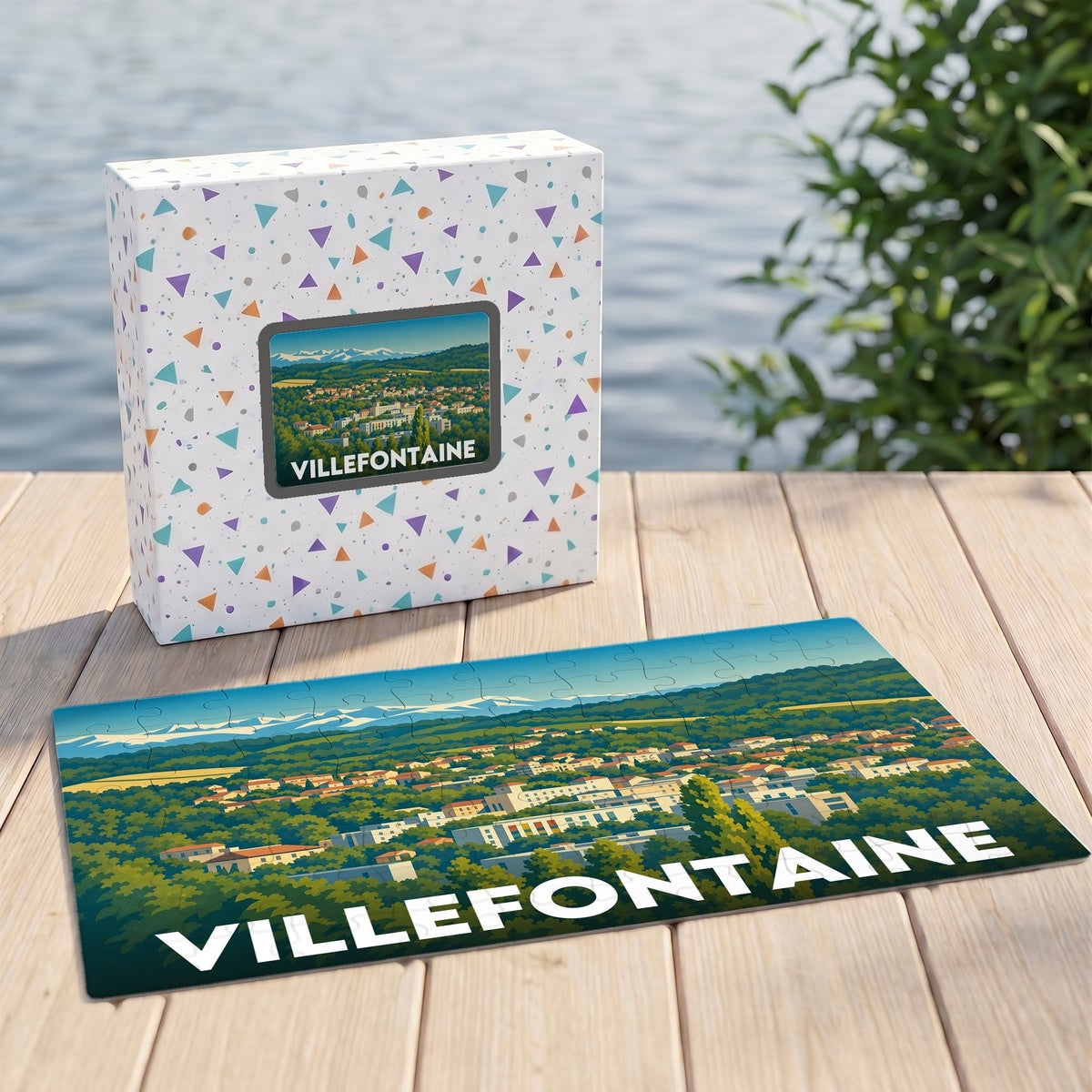 Puzzle souvenir de la ville de Villefontaine avec une illustration panoramique stylisée.