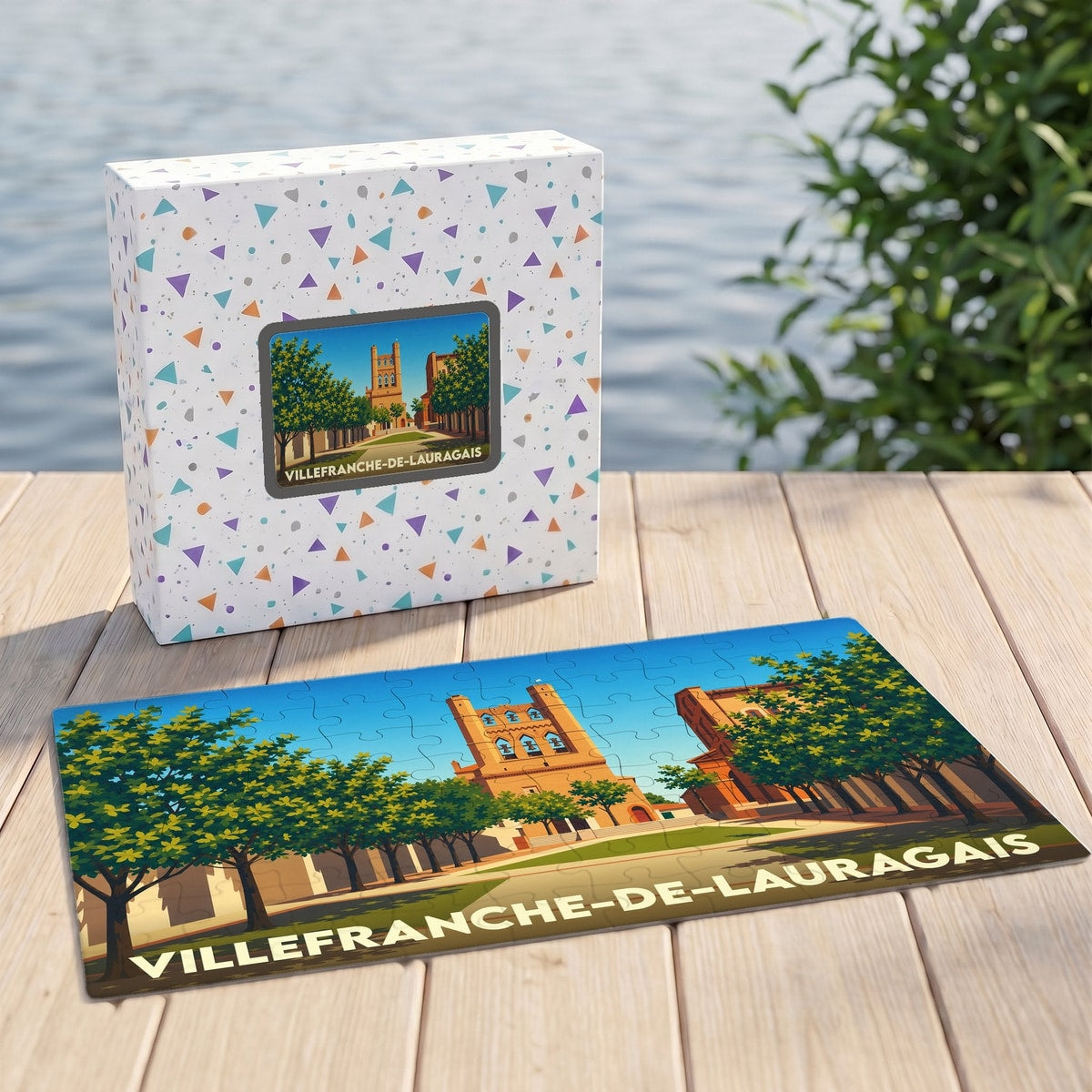 Puzzle souvenir de la ville de Villefranche-de-Lauragais avec une illustration stylisée de son clocher-mur typique.