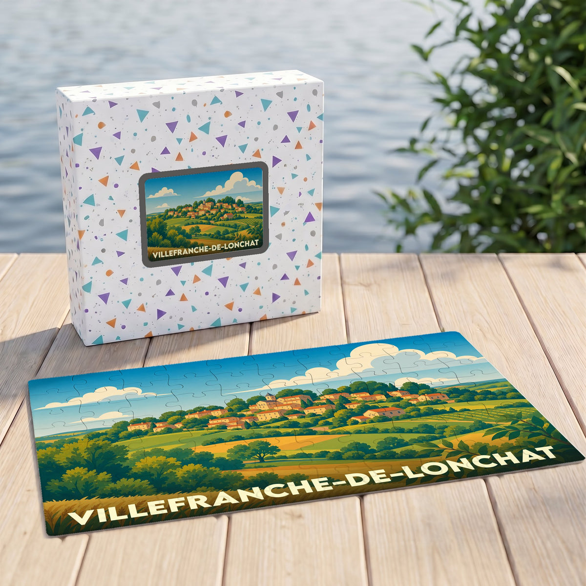 Puzzle souvenir de la ville de Villefranche-de-Lonchat représentant un paysage champêtre avec son château.