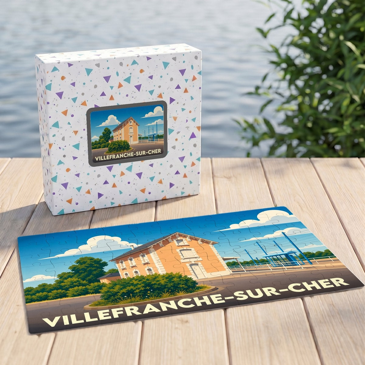 Puzzle souvenir de la ville de Villefranche-sur-Cher avec une illustration stylisée de sa gare.