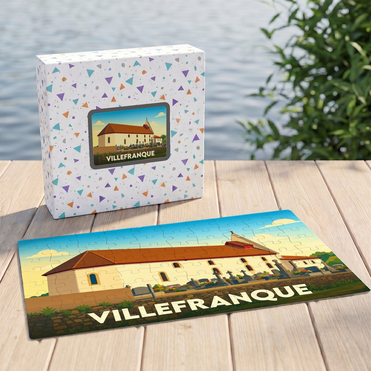 Puzzle souvenir de la ville de Villefranque avec une illustration stylisée.