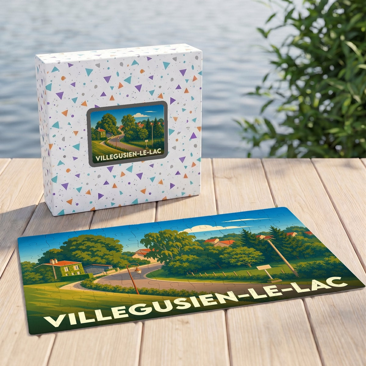 Puzzle souvenir de la ville de Villegusien-le-Lac présentant une illustration de paysage champêtre.