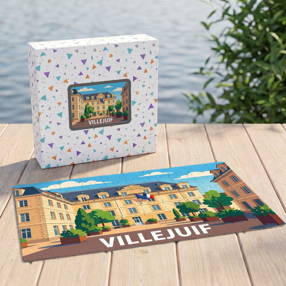 Puzzle souvenir de la ville de Villejuif représentant une illustration colorée de l'hôtel de ville.