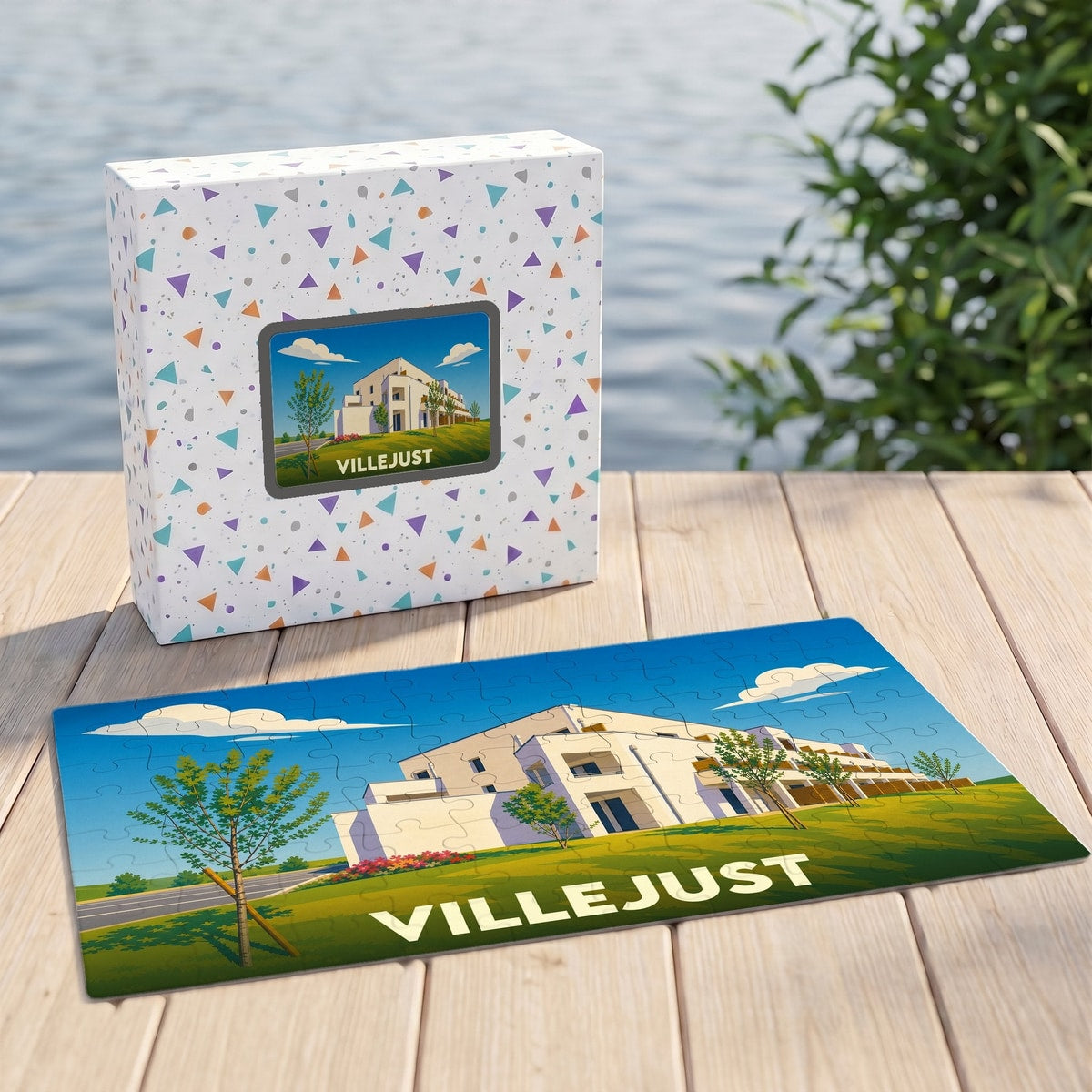 Puzzle souvenir de la ville de Villejust avec une illustration stylisée d'un bâtiment moderne.