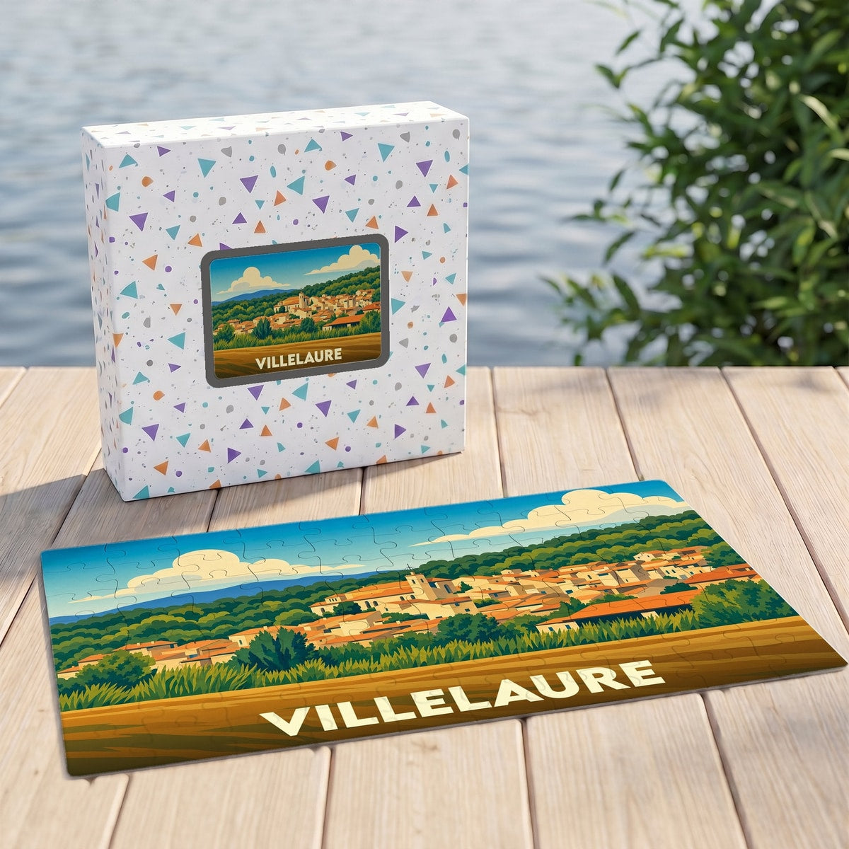 Puzzle souvenir de la ville de Villelaure représentant un paysage provençal illustré.