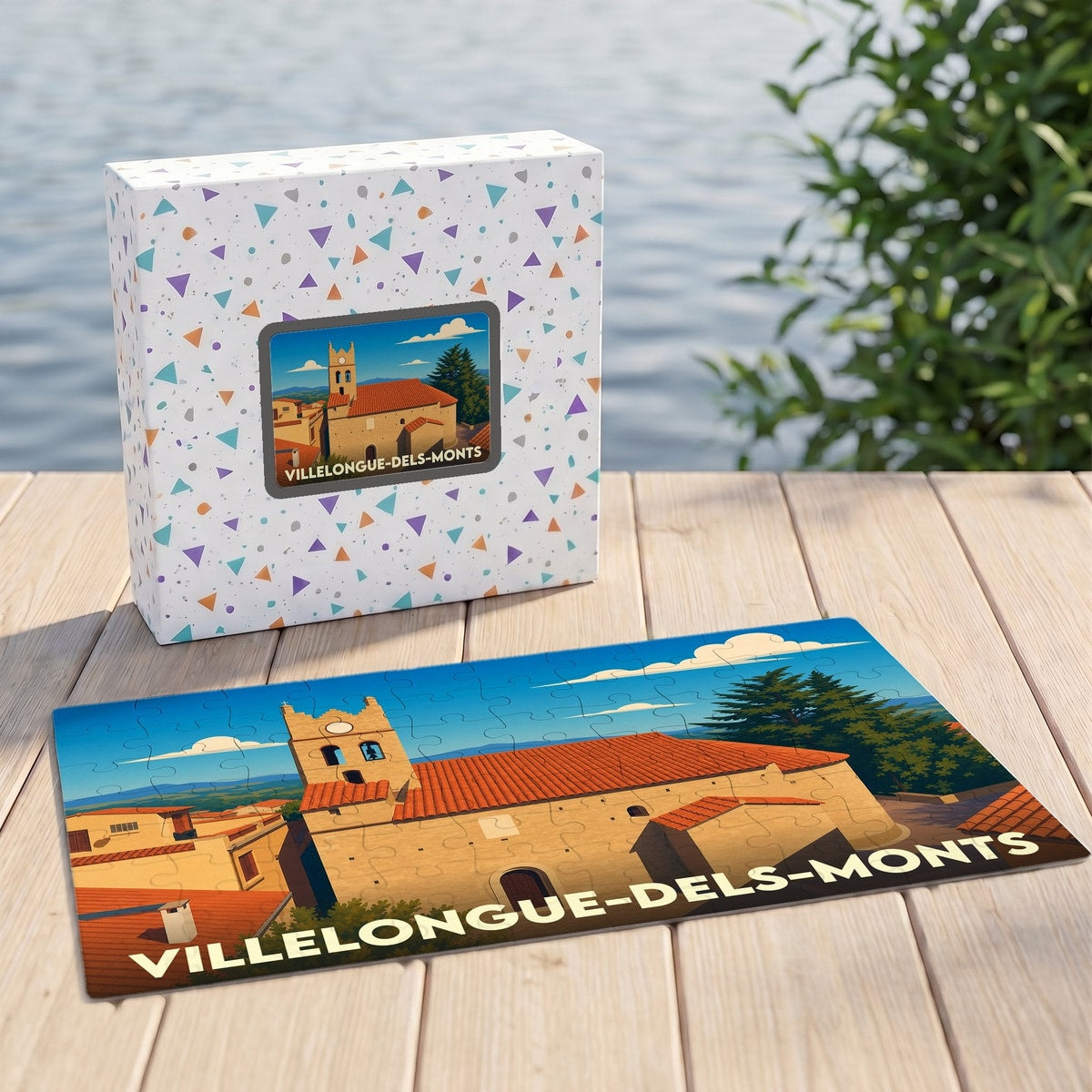 Puzzle souvenir de la ville de Villelongue-dels-Monts avec une illustration stylisée de son église.