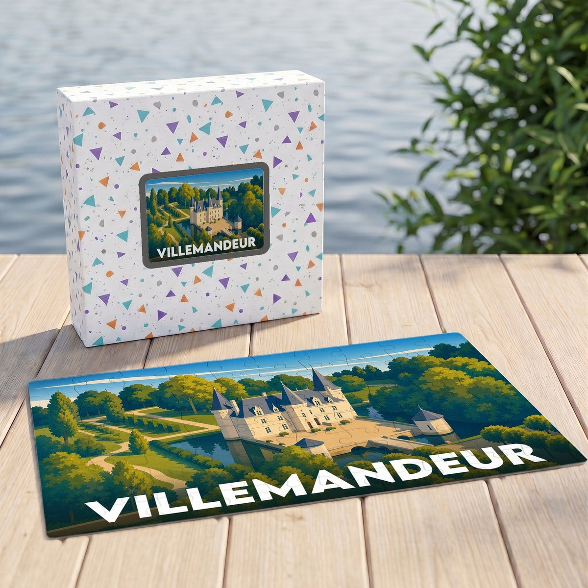 Puzzle souvenir de la ville de Villemandeur avec une illustration stylisée d'un château entouré de verdure.