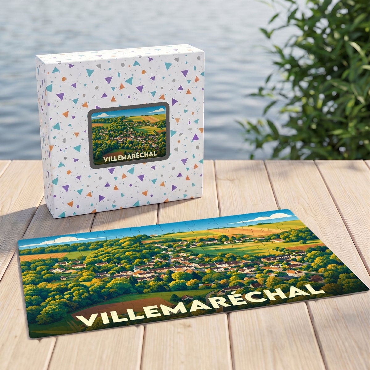 Puzzle souvenir de la ville de Villemaréchal avec une illustration stylisée de son paysage champêtre.