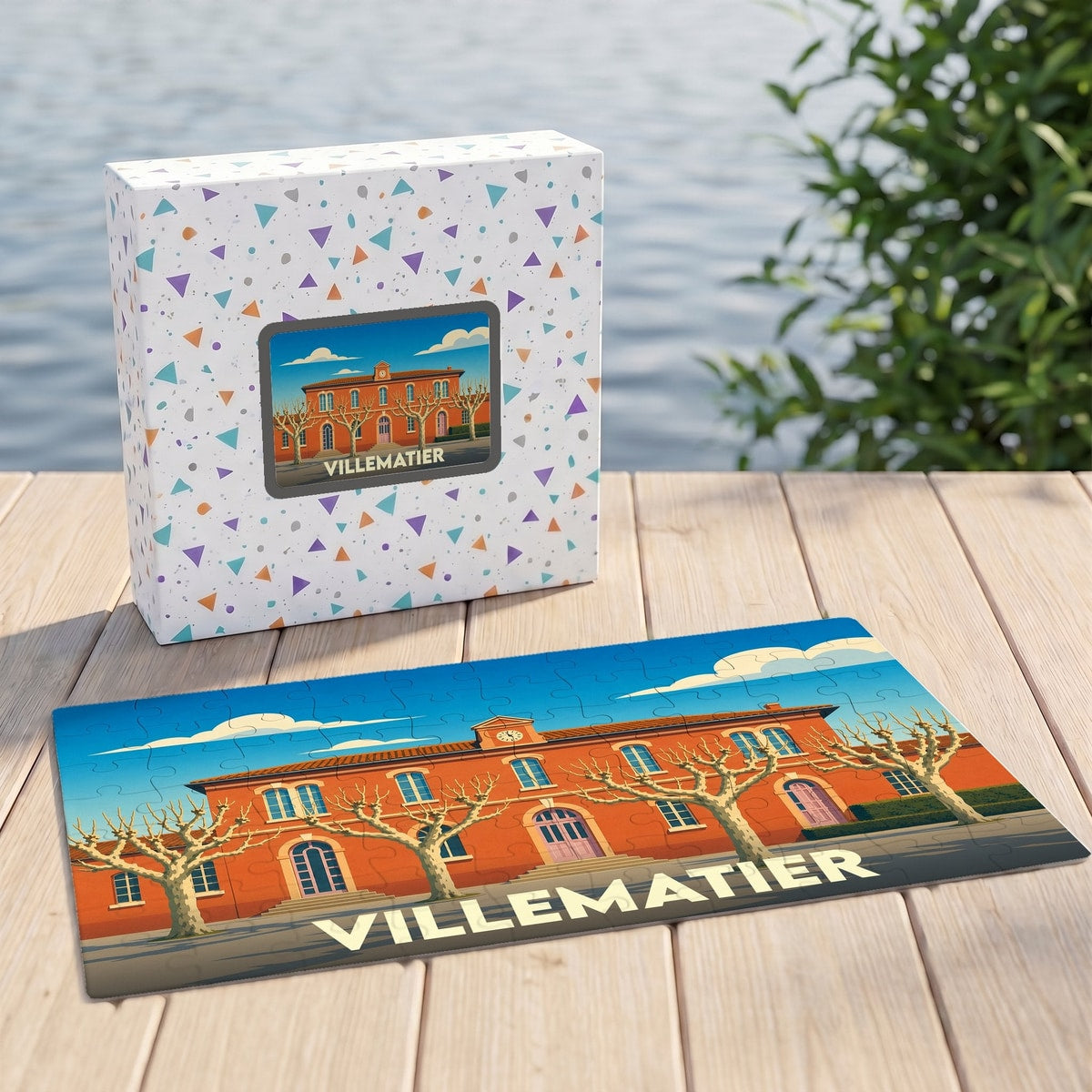 Puzzle souvenir de la ville de Villematier avec une illustration stylisée.