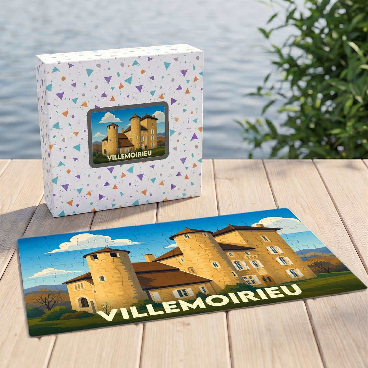Puzzle souvenir de la ville de Villemoirieu représentant son château avec une illustration stylisée.