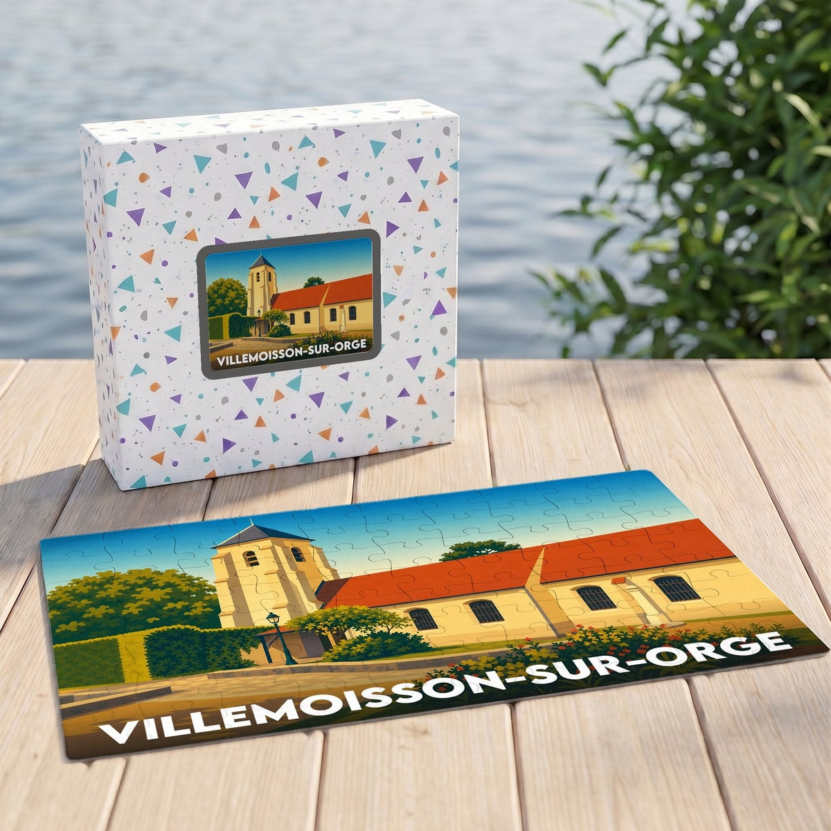Puzzle souvenir de la ville de Villemoisson-sur-Orge avec une illustration stylisée de son église.