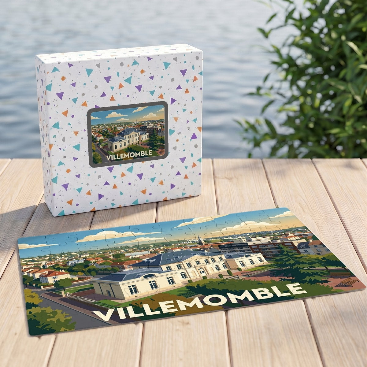 Puzzle souvenir de la ville de Villemomble avec une illustration stylisée du château seigneurial.