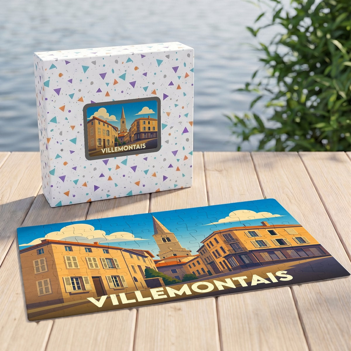 Puzzle souvenir de la ville de Villemontais avec une illustration stylisée d'un paysage urbain.