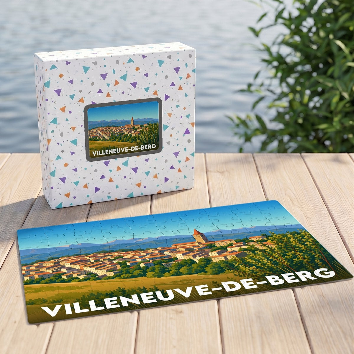 Puzzle souvenir de la ville de Villeneuve-de-Berg avec une illustration stylisée et colorée.