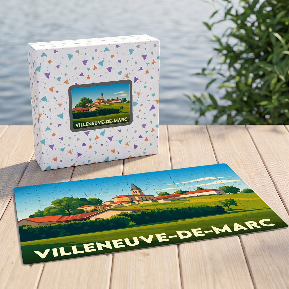 Puzzle souvenir de la ville de Villeneuve-de-Marc avec une illustration stylisée d'un paysage de campagne.