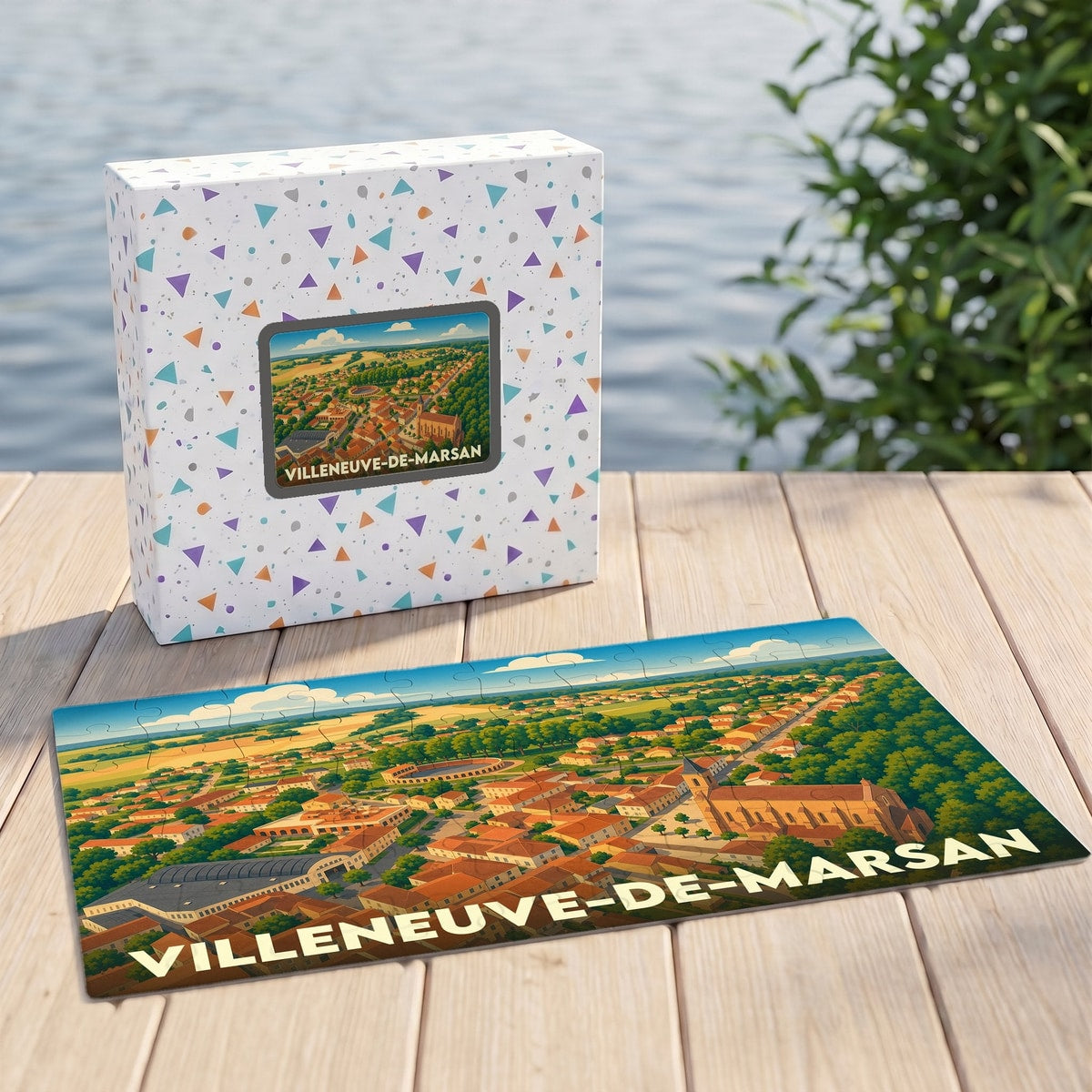 Puzzle souvenir de la ville de Villeneuve-de-Marsan avec une illustration aérienne colorée.