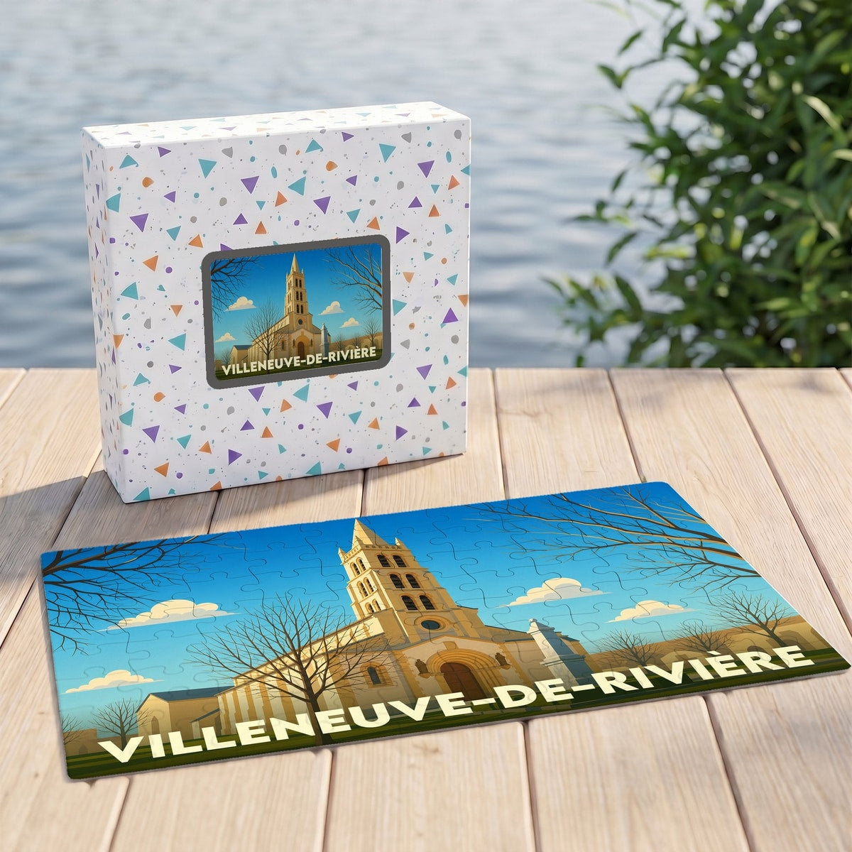 Puzzle souvenir de la ville de Villeneuve-de-Rivière avec une illustration stylisée de son église.