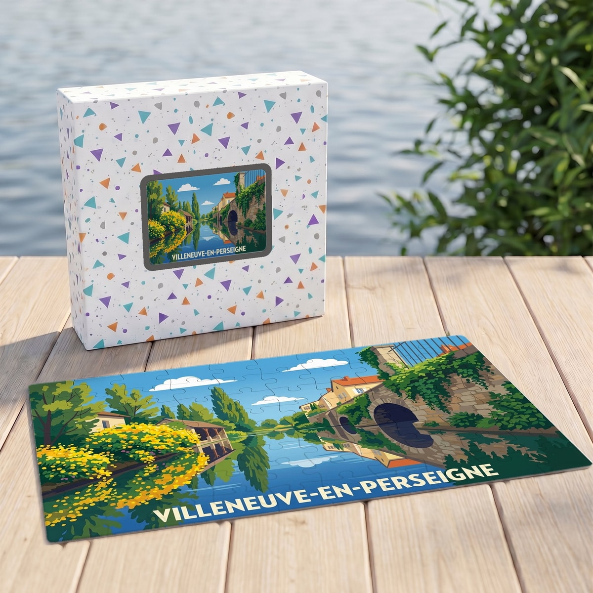 Puzzle souvenir de la ville de Villeneuve-en-Perseigne avec une illustration stylisée d'un paysage fluvial.