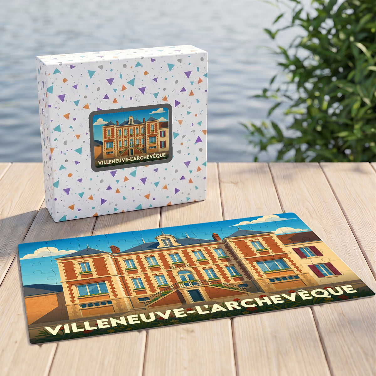 Puzzle souvenir de la ville de Villeneuve-l'Archevêque avec une illustration stylisée de sa mairie.
