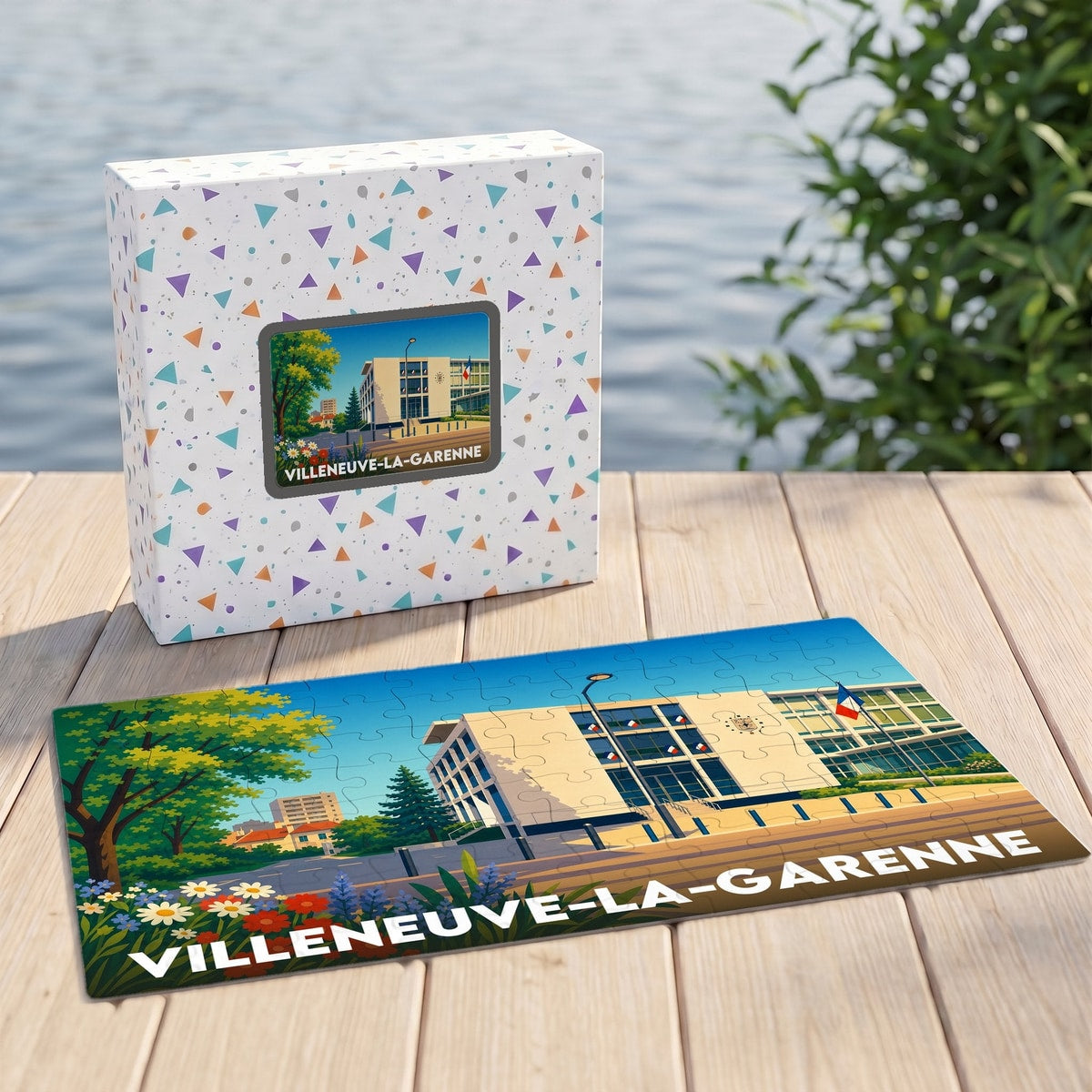 Puzzle souvenir de la ville de Villeneuve-la-Garenne avec une illustration stylisée de son hôtel de ville.
