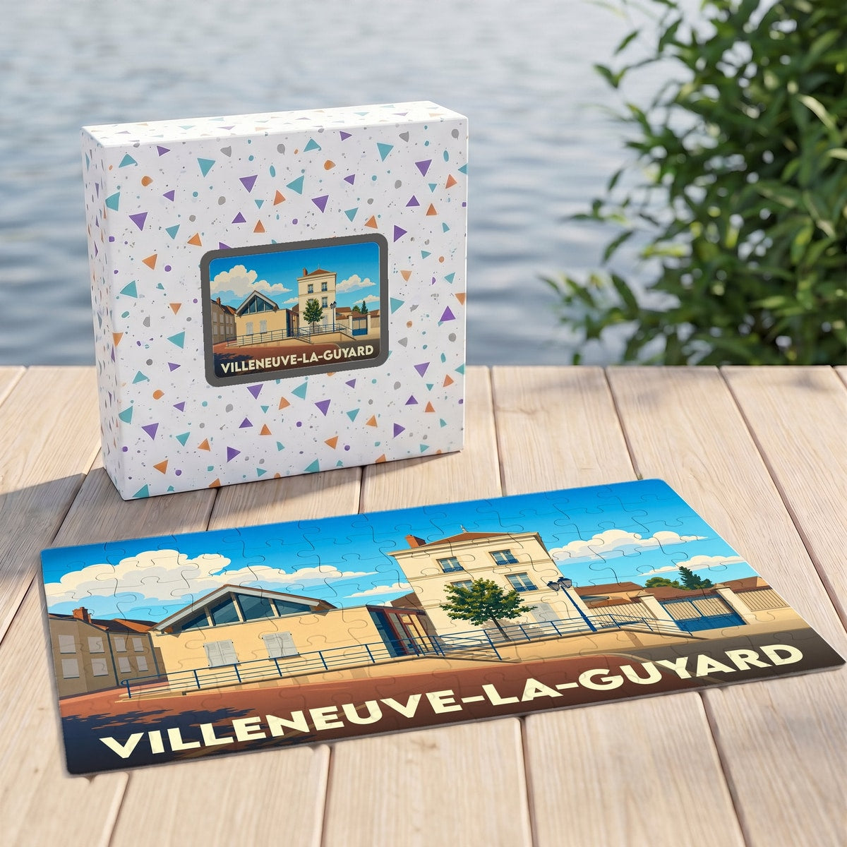 Puzzle souvenir de la ville de Villeneuve-la-Guyard avec une illustration stylisée et colorée.