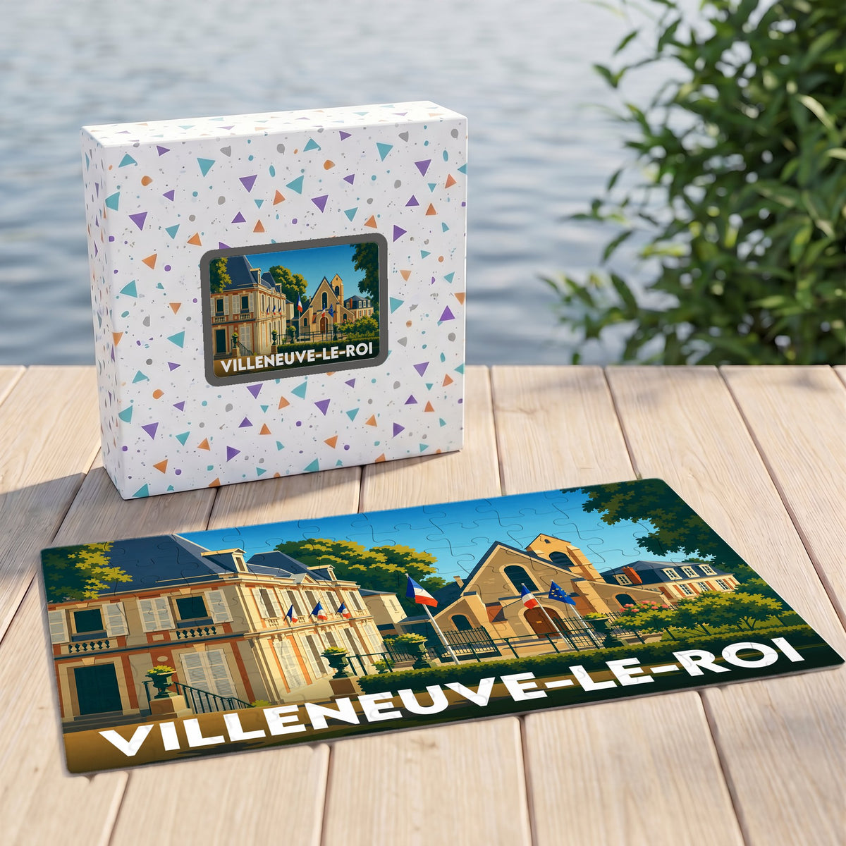 Puzzle souvenir de la ville de Villeneuve-le-Roi avec une illustration stylisée d'un bâtiment historique et de drapeaux.