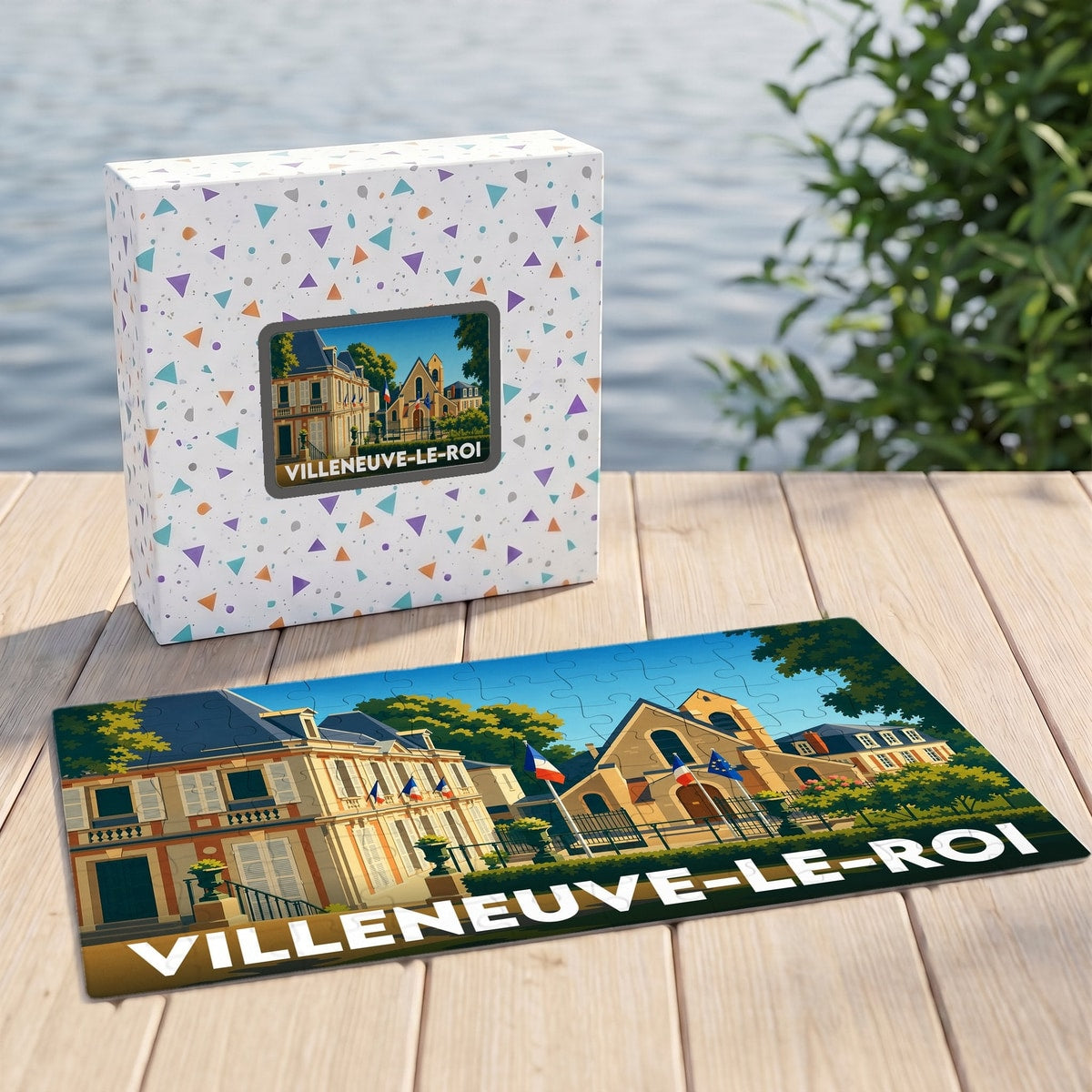 Puzzle souvenir de la ville de Villeneuve-le-Roi avec une illustration stylisée d'un bâtiment historique et de drapeaux.