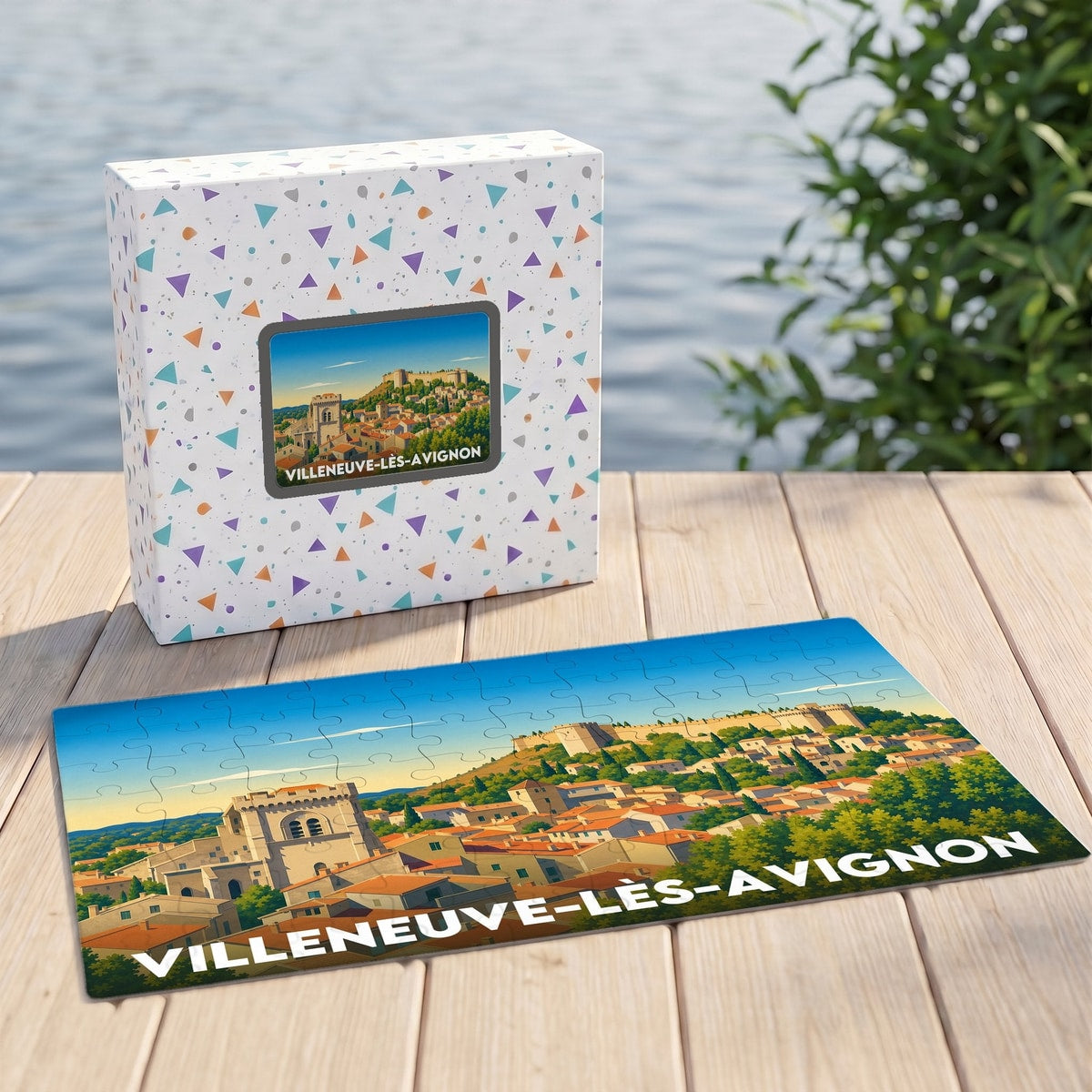 Puzzle souvenir de la ville de Villeneuve-lès-Avignon avec une illustration stylisée et colorée.